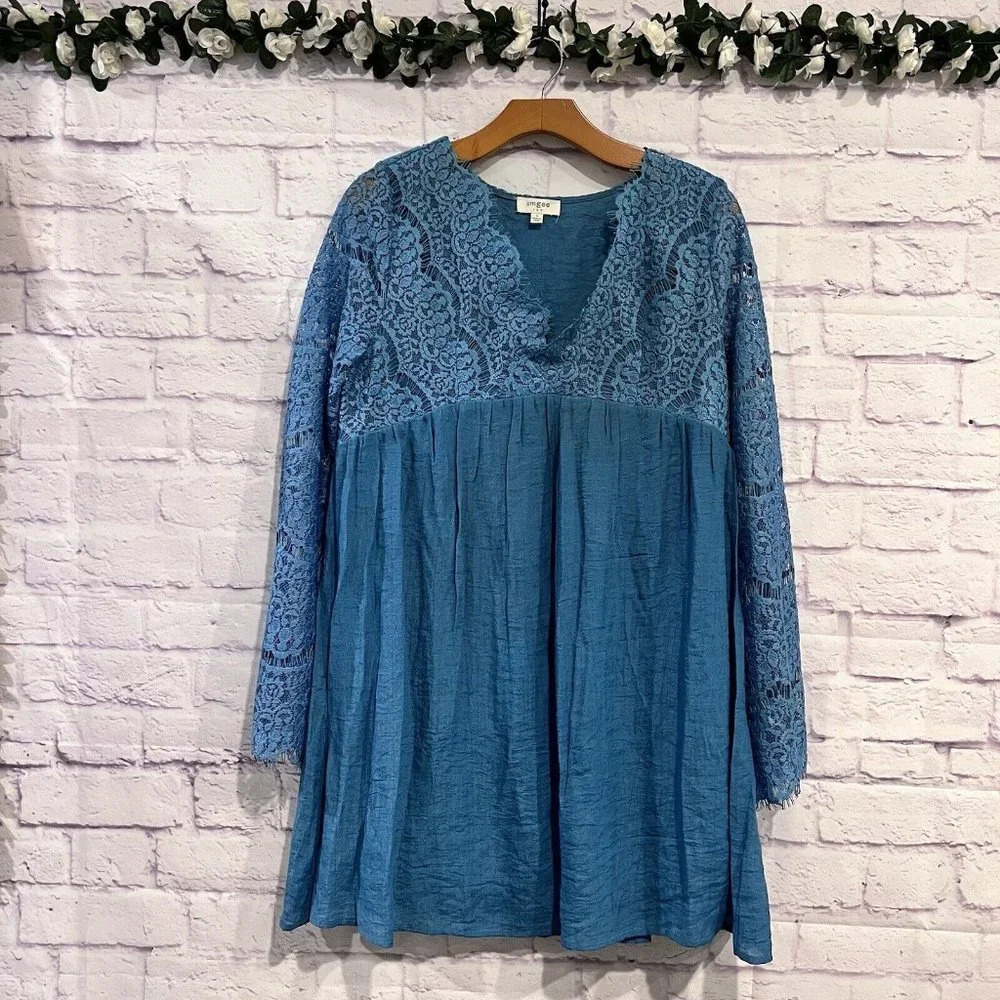 Umgee Size Small Blue Boho Lined Long‎ Sleeve Floral Lace Mini Dress V Neck